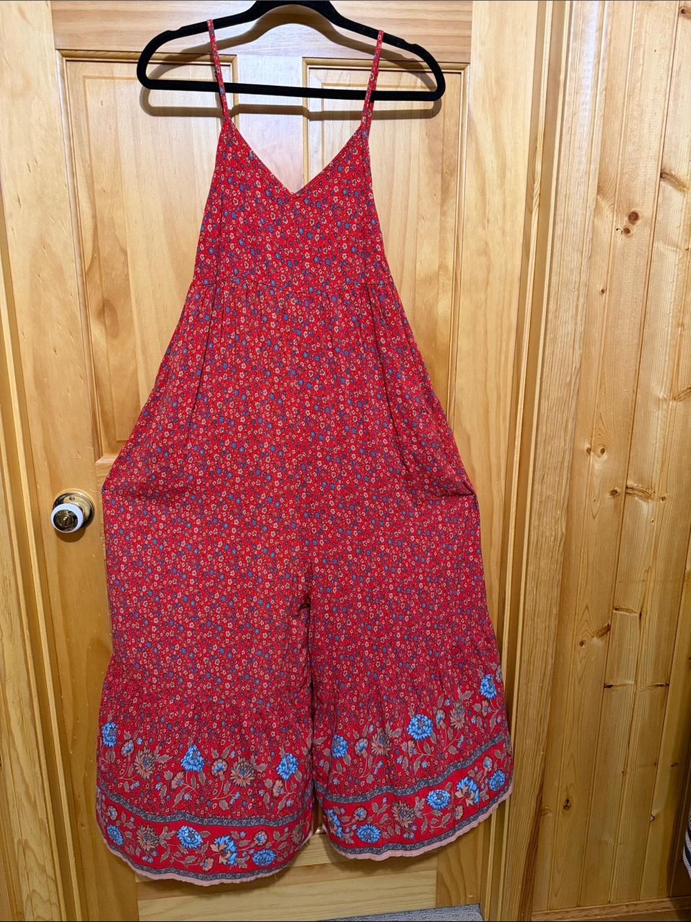 NATURAL LIFE Red & Blue Floral Wide-Leg Spaghetti-Strap Boho Jumpsuit, Size S. - Picture 3 of 14